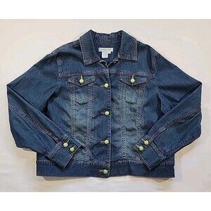 Coldwater Creek Denim Jacket Green Jeweled Buttons Southwestern Boho Size Large